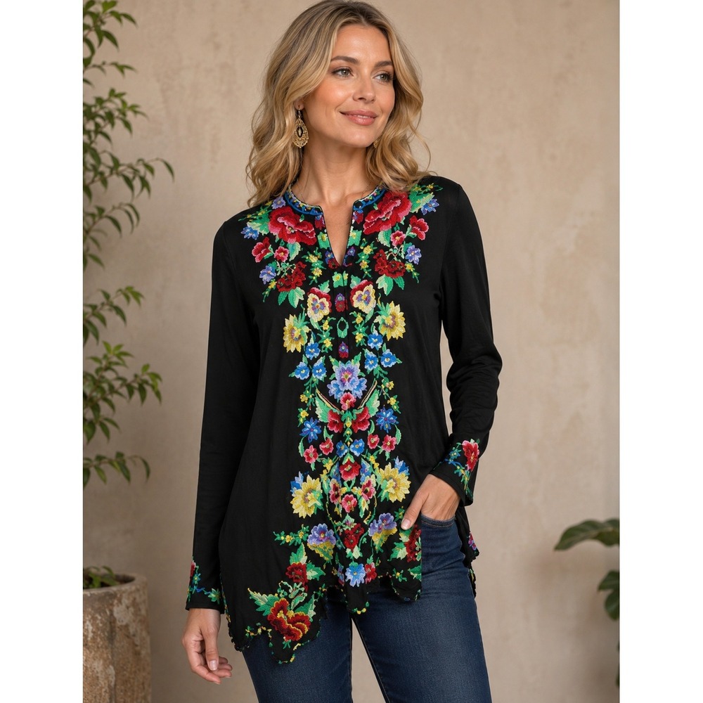 Johnny Was Gala Tunic S Black Sheer Cupra Rayon Floral Embroidery Scallop Hem